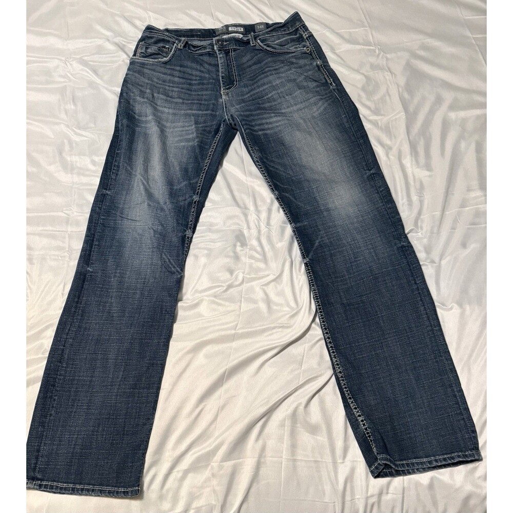 BKE Tyler Straight Leg Jeans 34R Blue Denim Washed, Faded, Embroidered Buckle